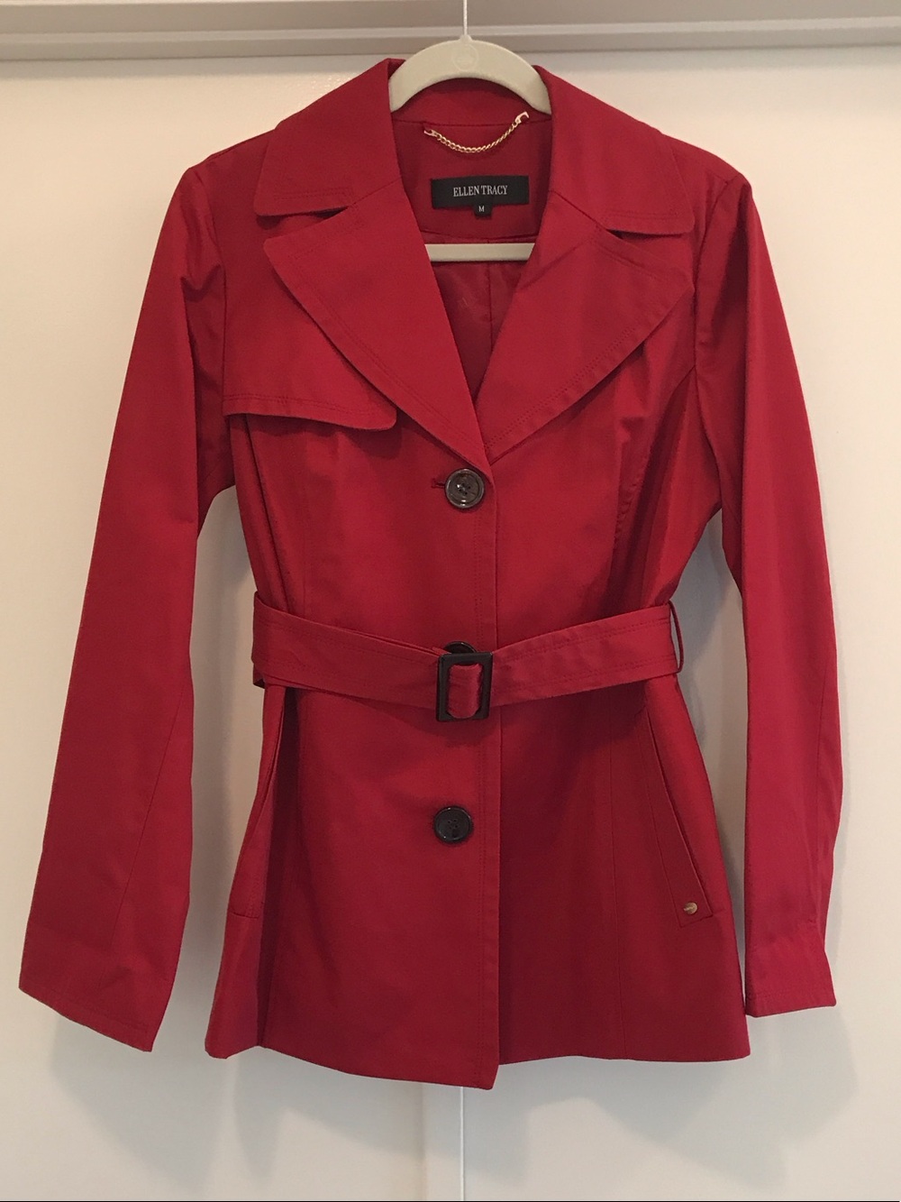 Ellen Tracy Red Belted Trench Coat with Notched Lapel